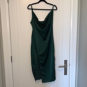 Green Slit Satin Midi Dress